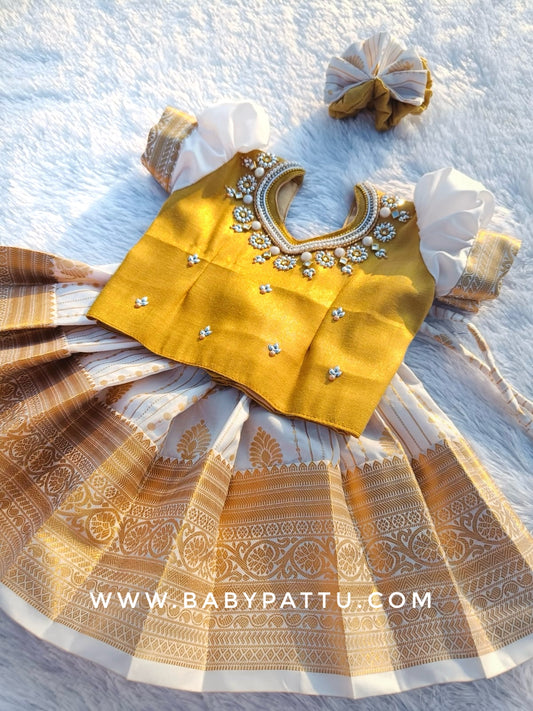 Gorgeous Gold and White Pattu Pavada