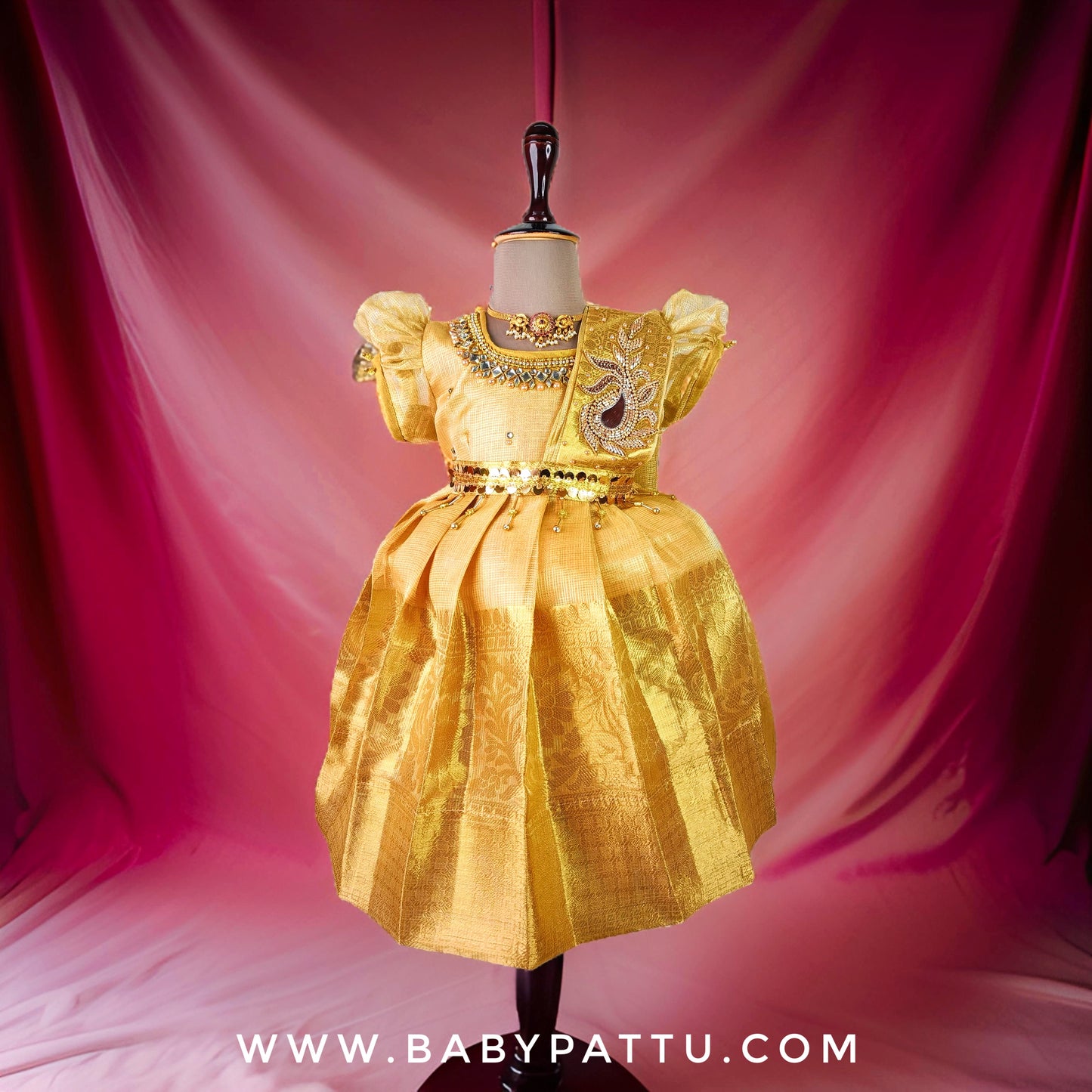 Gold Tissue Silk Princess Frock with Detachable Dupatta