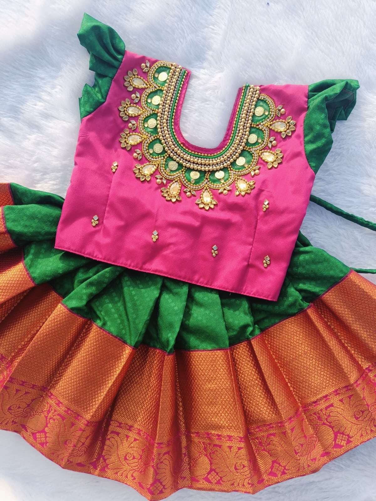 Baby Pink & Green Pattu pavada