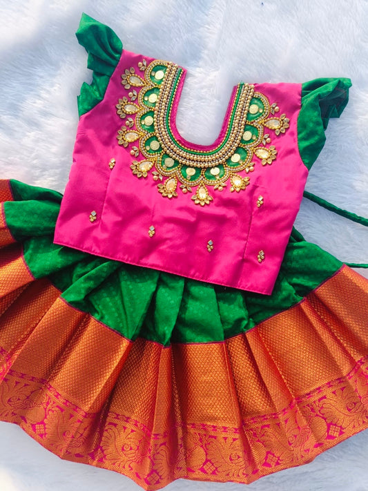 Baby Pink & Green Pattu pavada