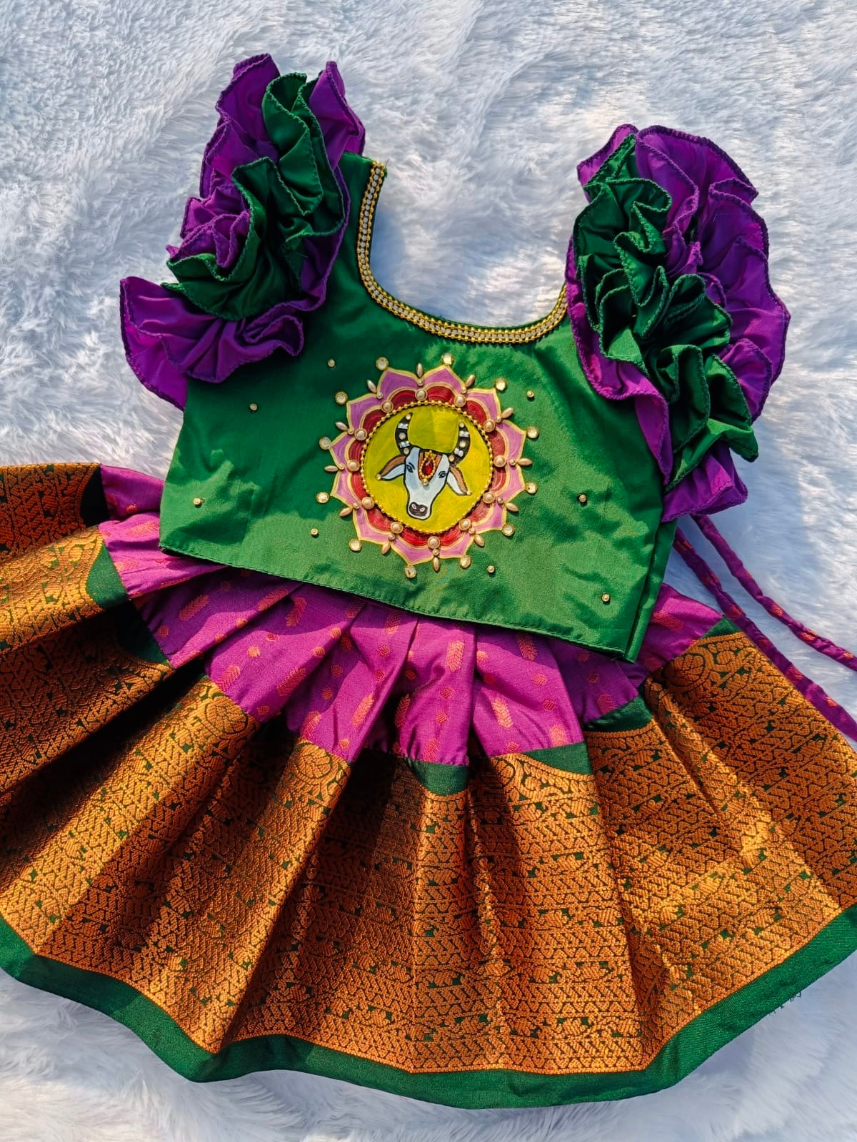 Green & Purple Hand Painted Pongal Themed Pattu Pavada