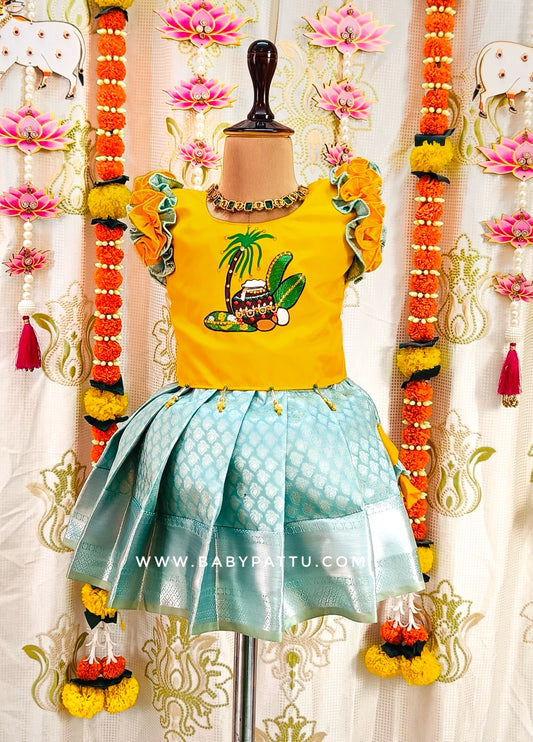 Pongal 2024 / Makara Sankranthi 2024 || Hand Painted Yellow Top with Mint Green Pattu Pavada