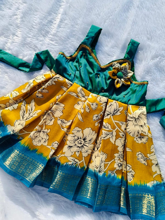 Green & Mustard Yellow Dola Silk Frock