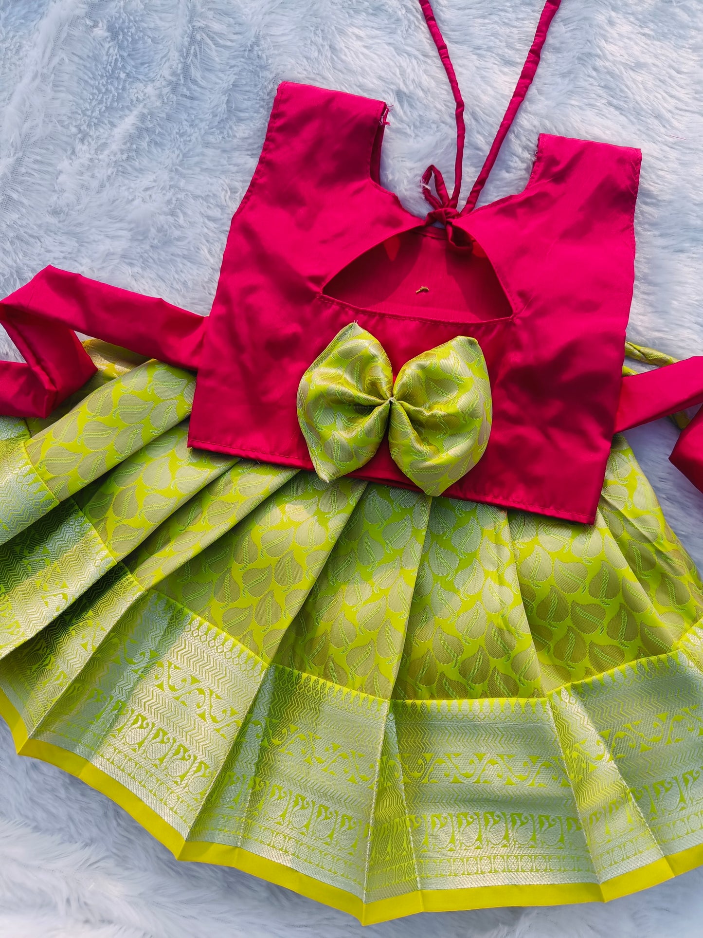 Rani pink Top & Neon Green Pattu Pavada