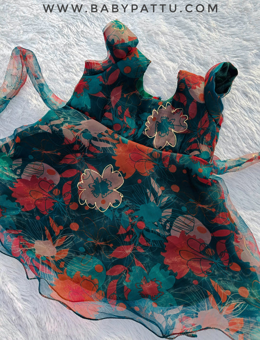 Peacock Green Floral print Organza Cute Frock