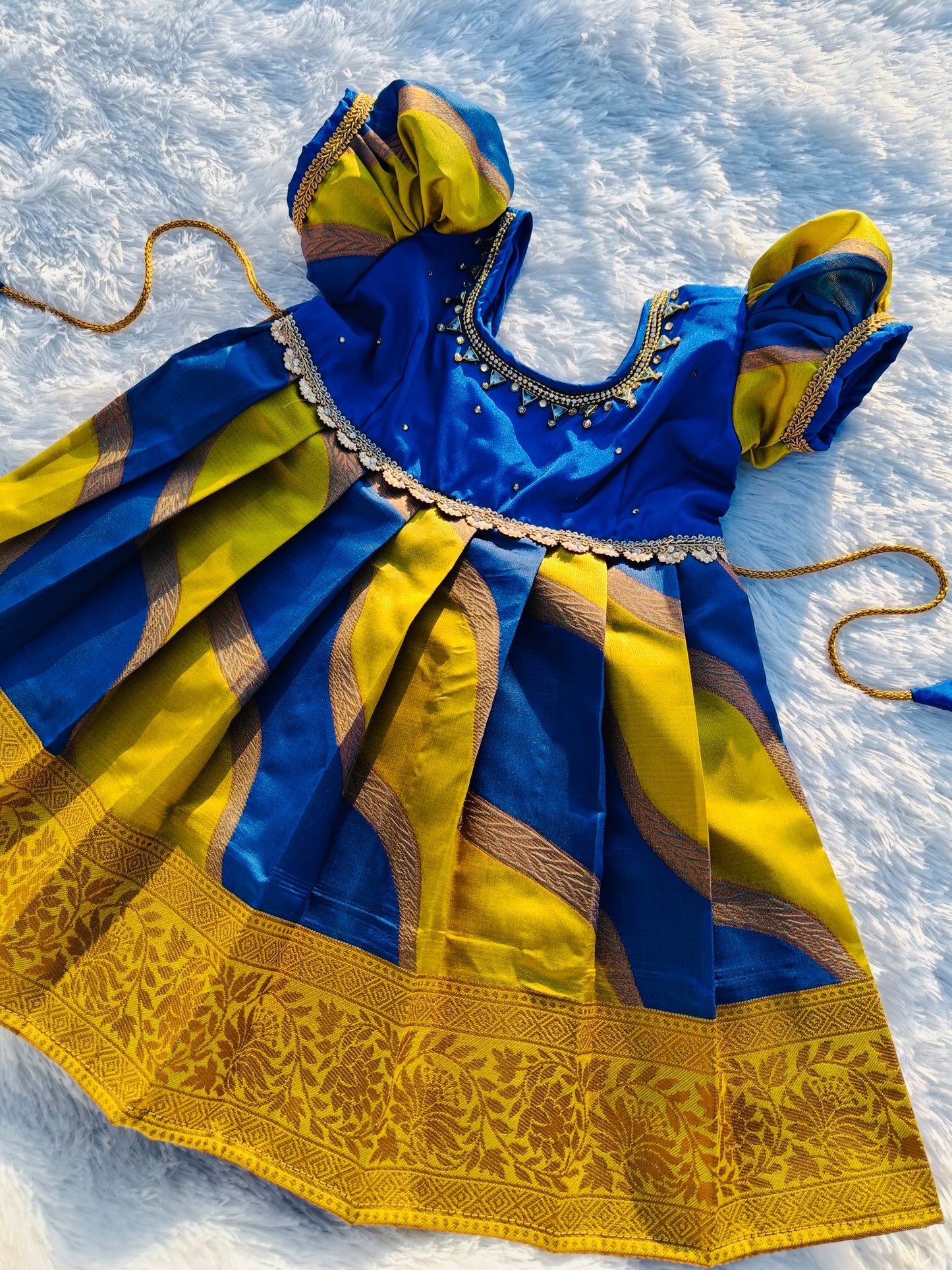 RIN BLUE AND MUSTAND YELLOW  COLOR COMBINATION FROCK