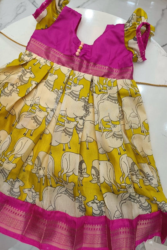 Pichwai Cow Print Pink and Yellow Dola Silk Light weight Frock