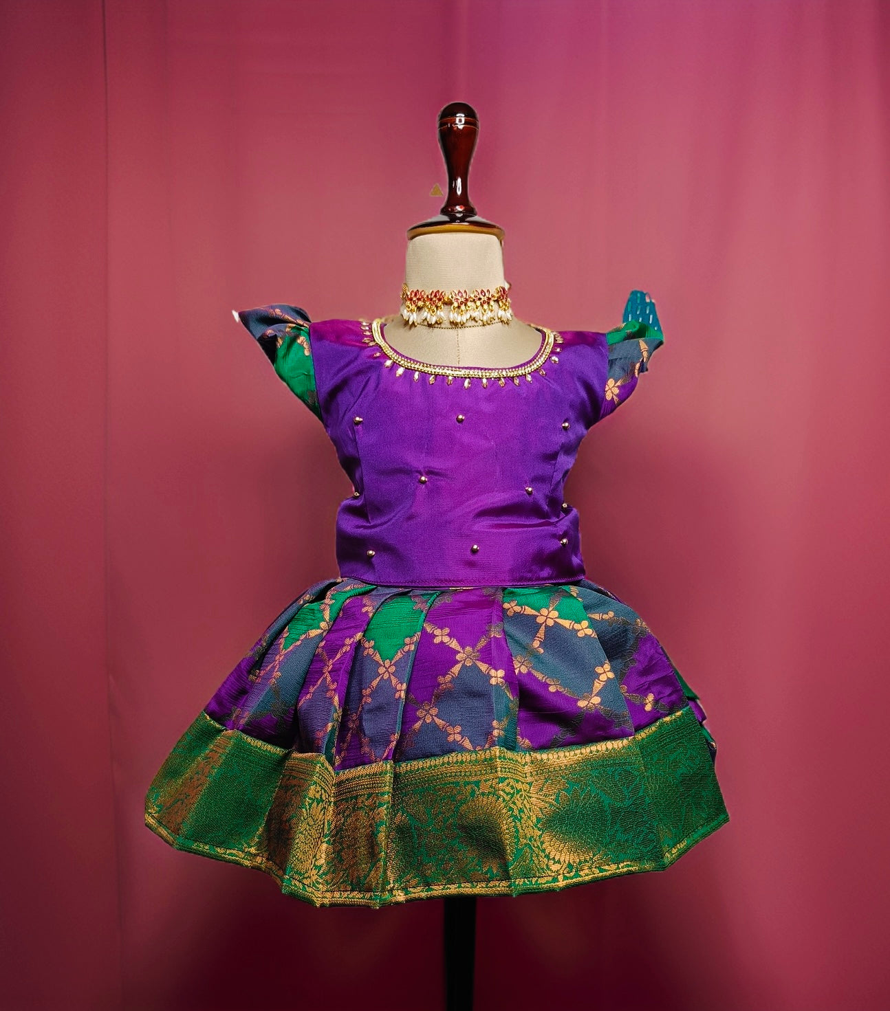 Purple & Green Pattu Pavada