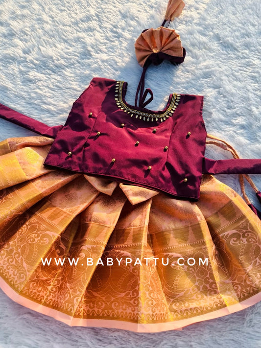 Wine & Peach Sleeveless Pattu Pavada