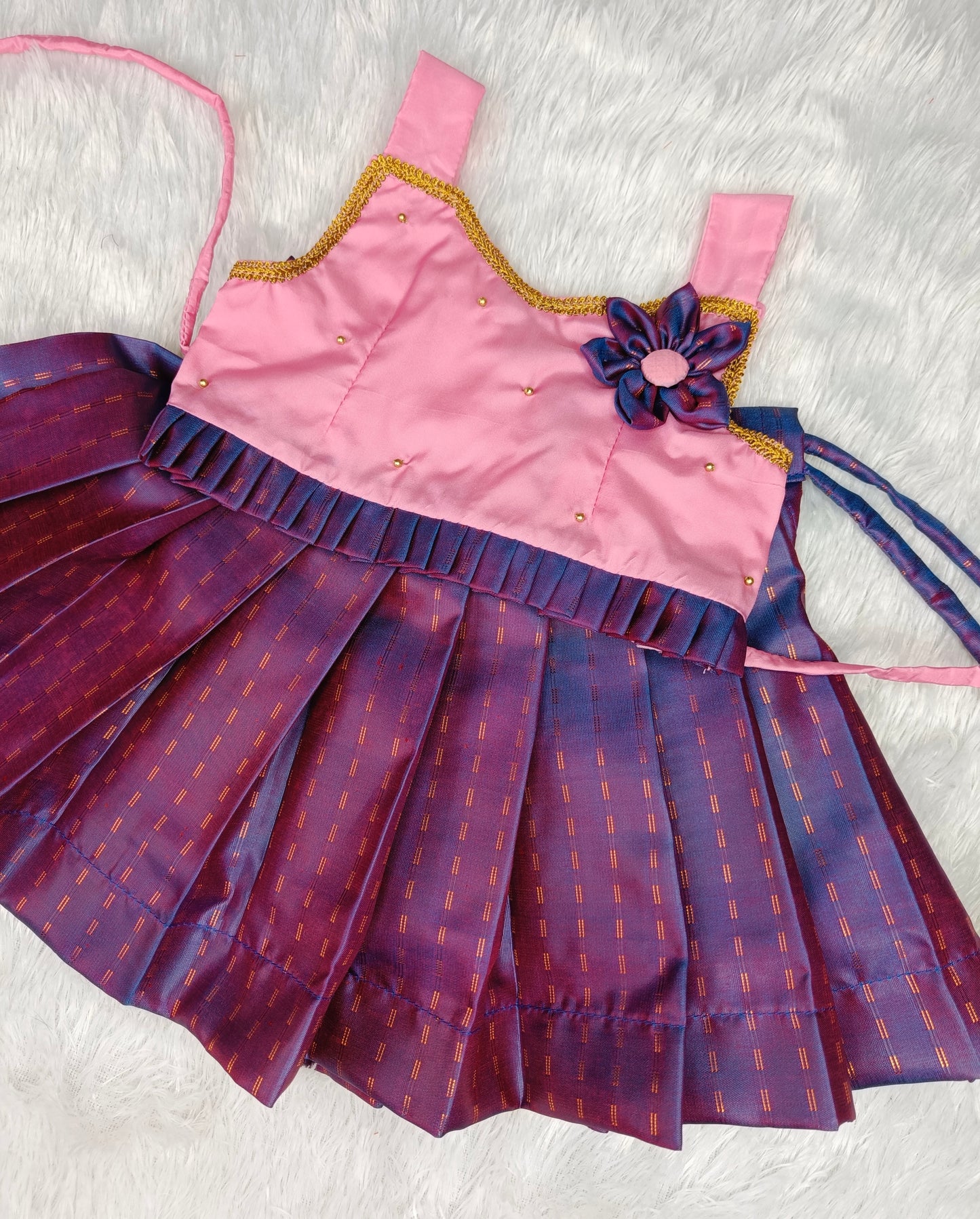 BabyPink Crop Top & Purple Pattu Pavada