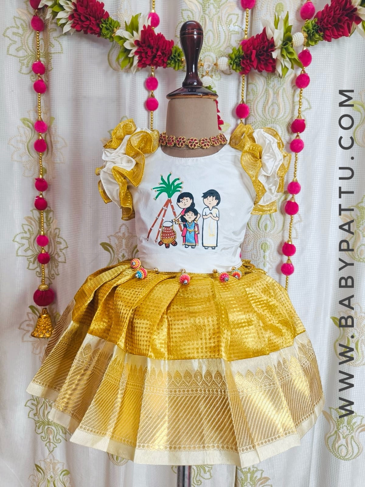 Half white & Golden Tissue Pongal Themed Hand Painted pattu pavada