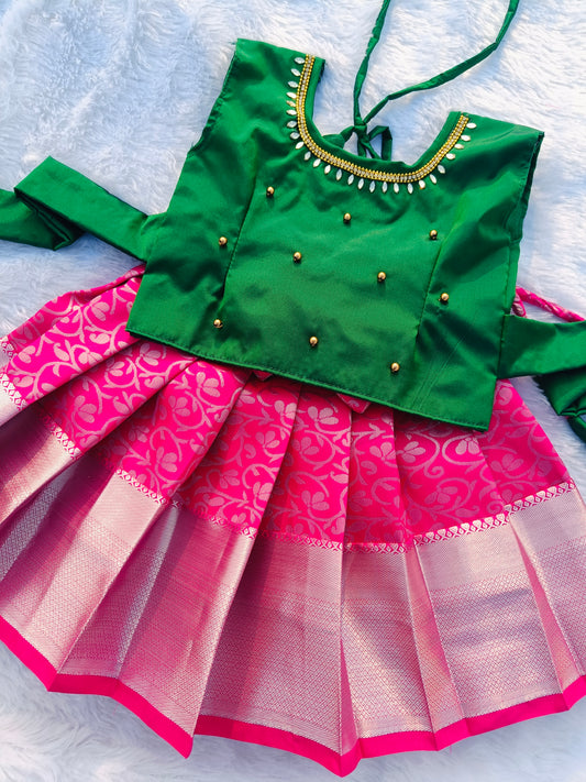 Green Top & Rani Pink Bottom Pattu Pavada