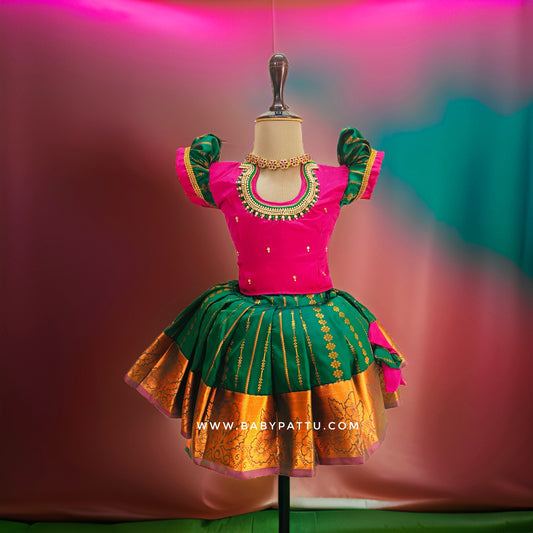 Rani Pink and Green Pattu Pavada