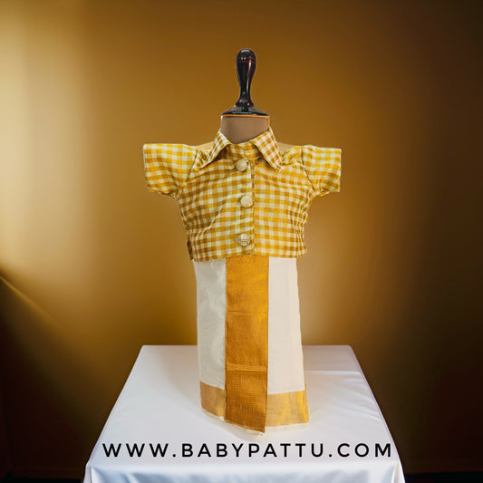 👶Soft Silk Gold Shirt and kasavu Cotton or Kerala Cotton Vesti 👶