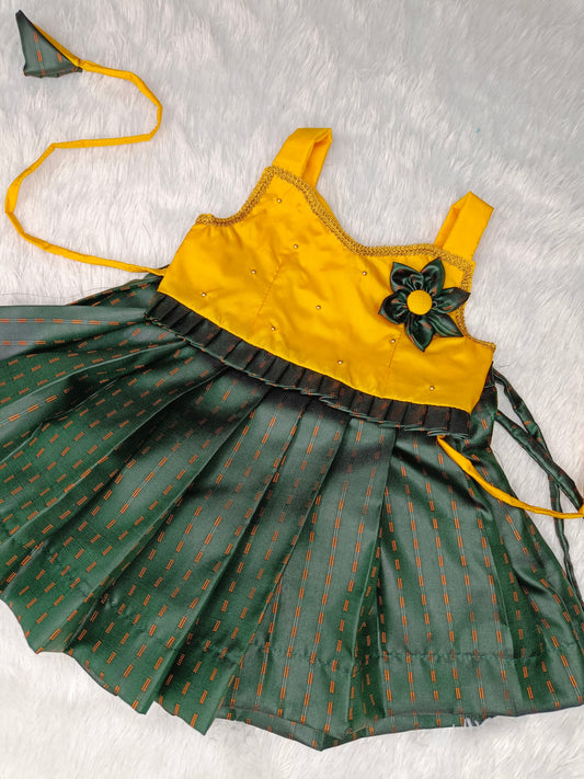 Yellow Crop Top  & Dark Green Pattu Pavada