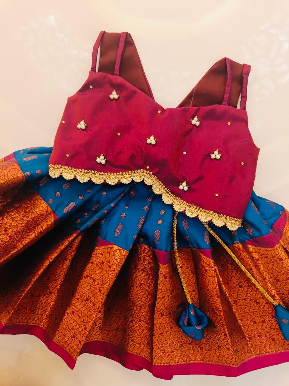 Maroon Crop Top And Blue Bottom Pattu Pavada