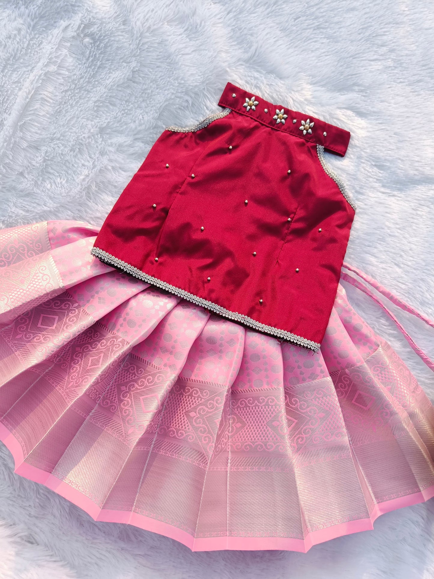 Maroon Top & Baby Pink Bottom Pattu Pavada