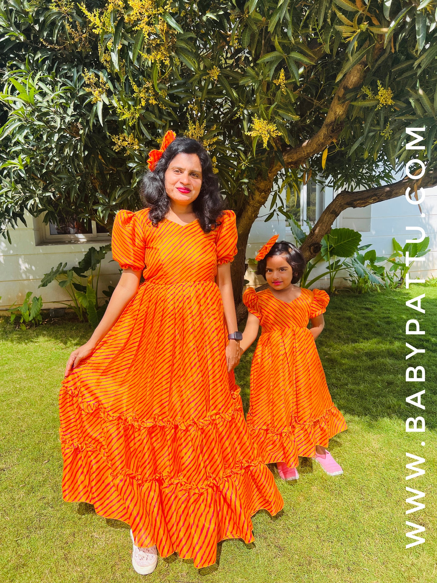 Orange Colour Kota Cotton Princess Frock  MOM & Daughter Combo