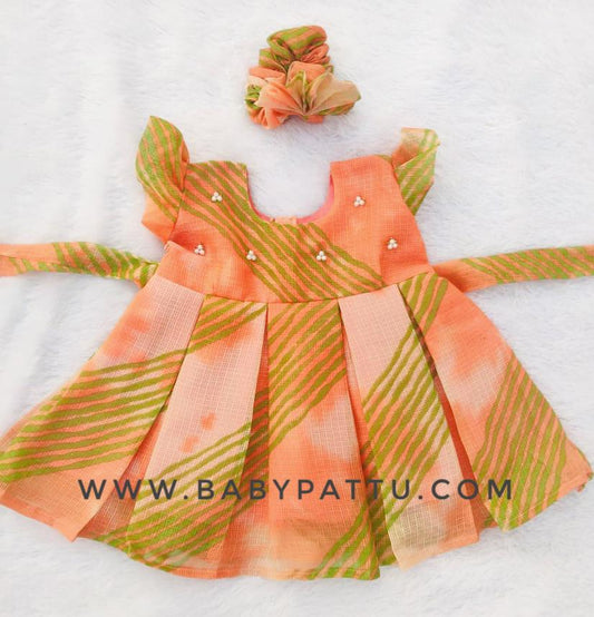 Peach & Green Soft Kota Cotton Frock