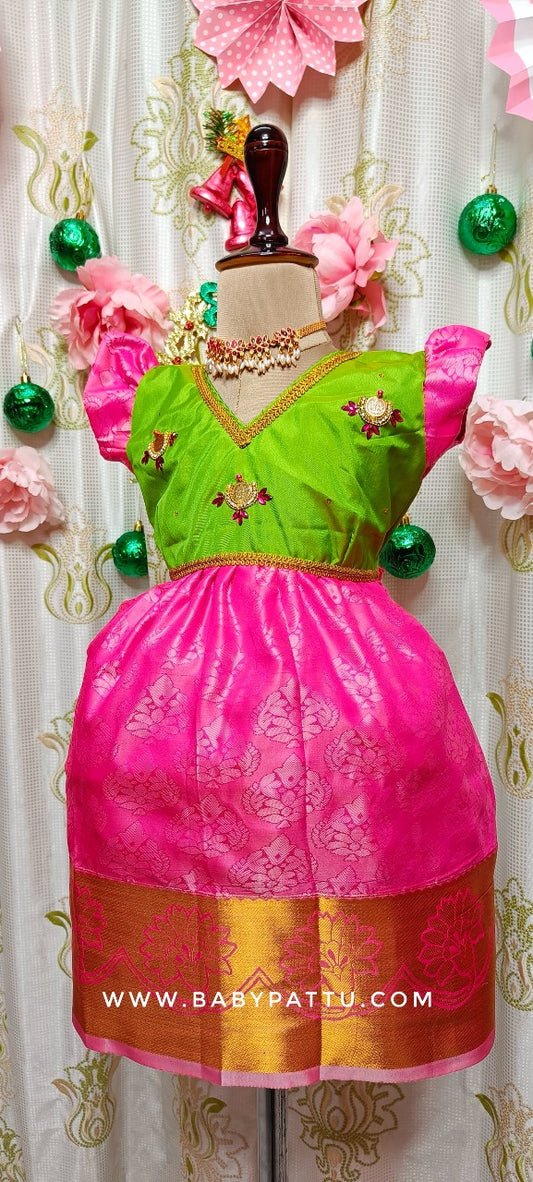 PARROT GREEN AND CANDY COTTON PINK FROCK