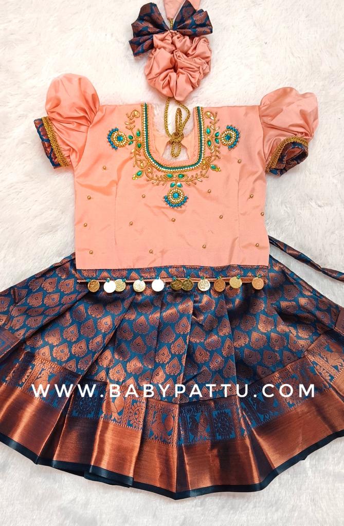 Peach & Peacock Blue Pattu Pavada