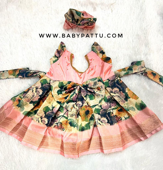 PEACH COLOUR FROCK WITH FLORAL PRINT