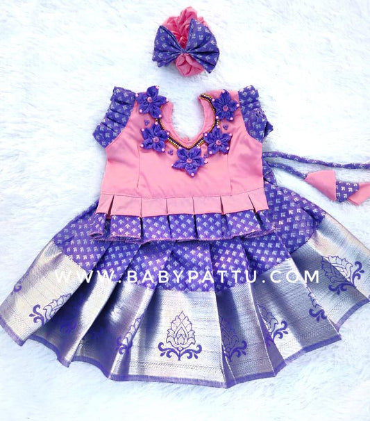 Pink top and Purple bottom pattu pavada