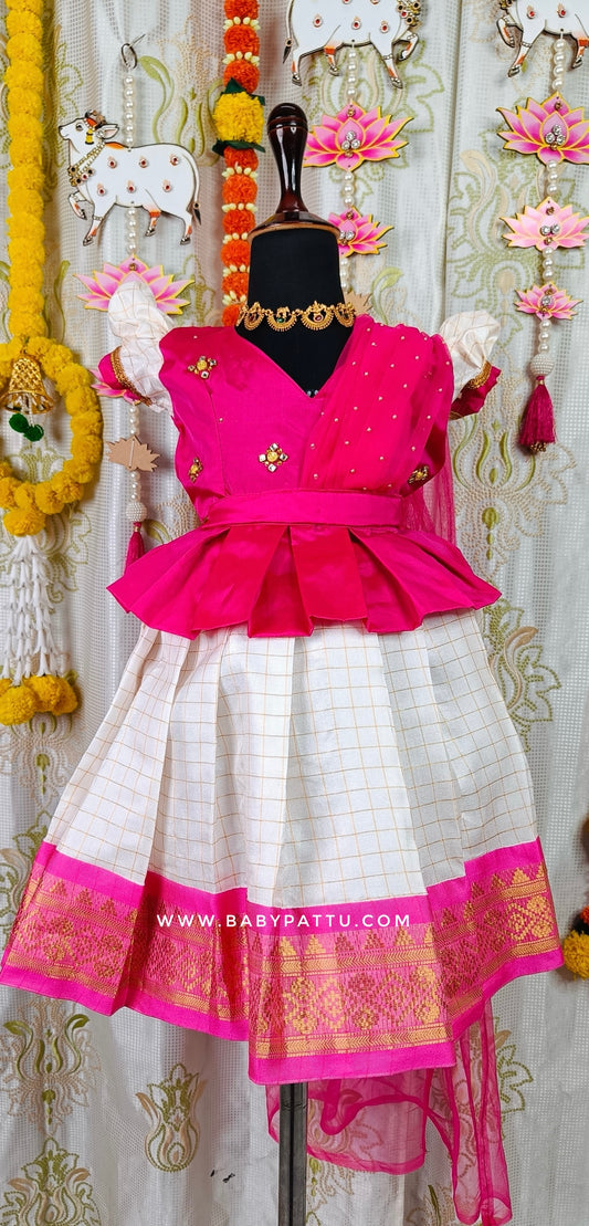 Pink & White Pattu Pavada