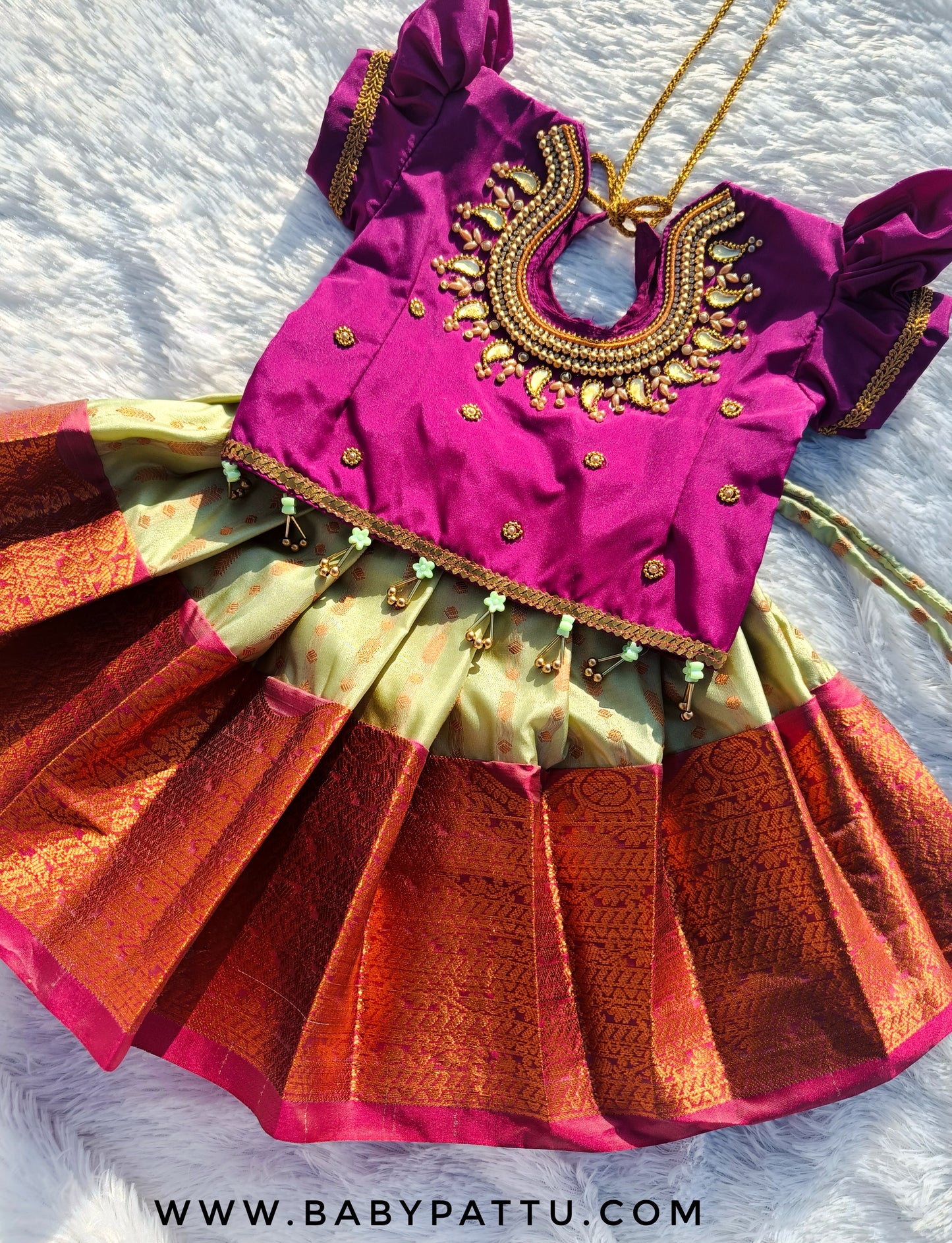 Purple and Pista Green Pattu Pavada