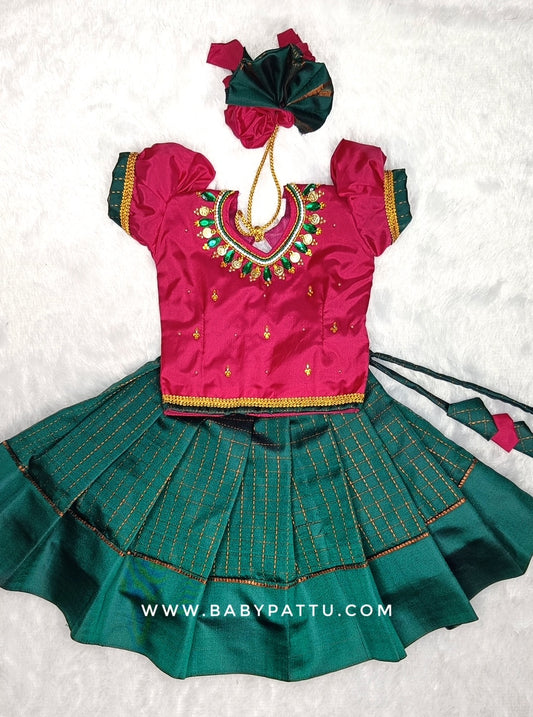 Pink & Green Pattu Pavada