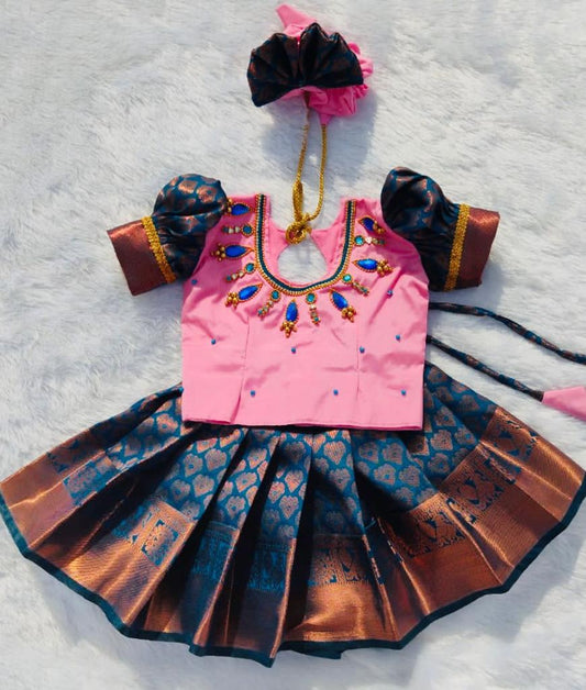 Pink & Peacock Blue Pattu Pavada