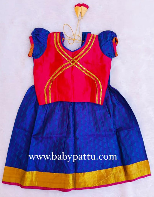 Pink & Royal Blue Pattu pavada