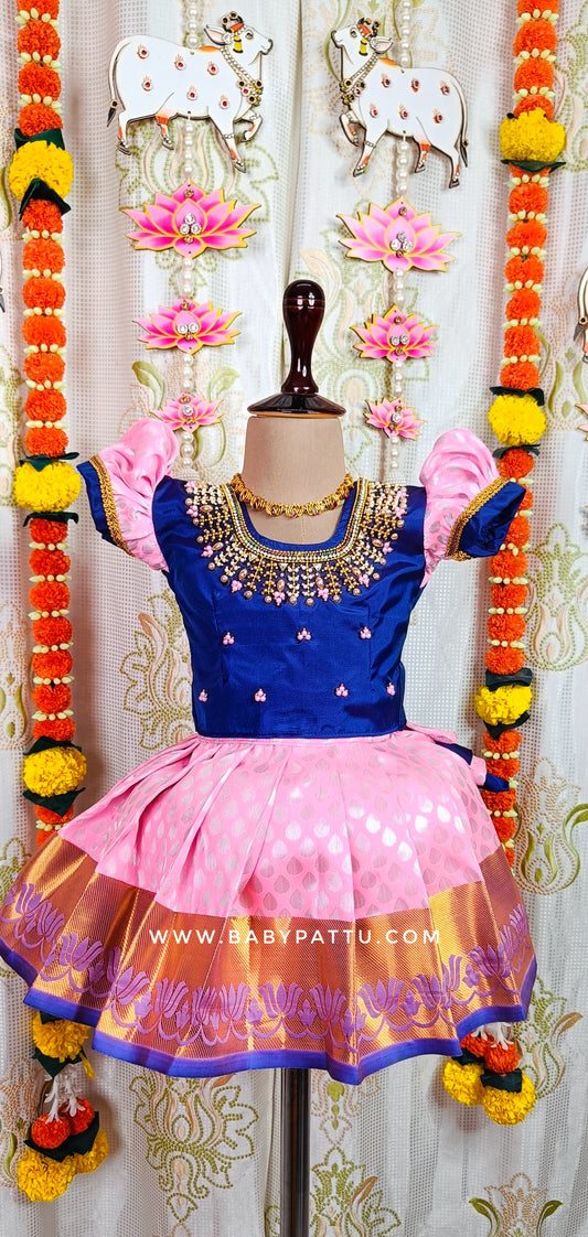 Navy Blue & Pink Pattu Pavada