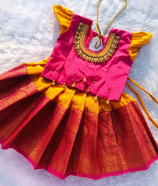 Rani Pink Top & Yellow Bottom Pattu Pavada