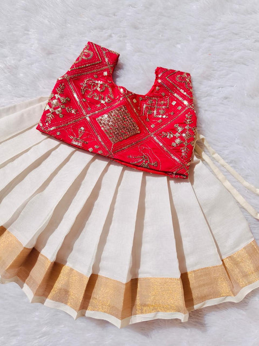 Redish Pink Crop Top and Kerala Kasuvu Cotton Pattu Pavada