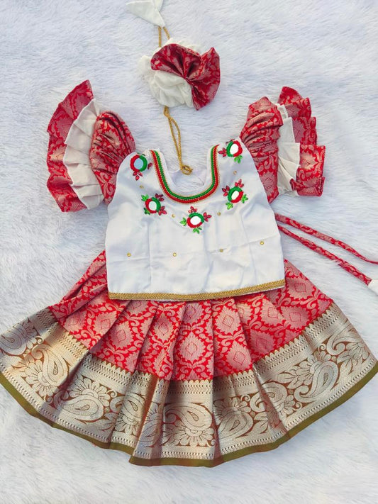 White & Red Pattu Pavada