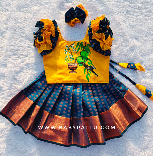 Beautiful Hand Painted Yellow & Peacock Blue Pattu Pavada