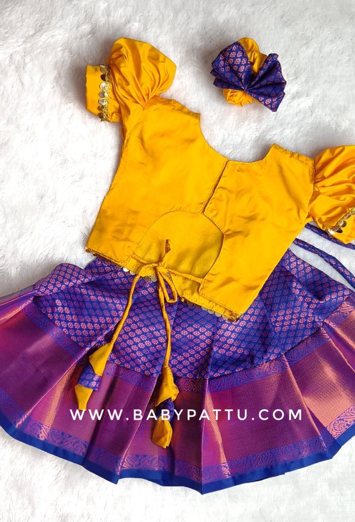 Yellow & Blue Pattu Pavada