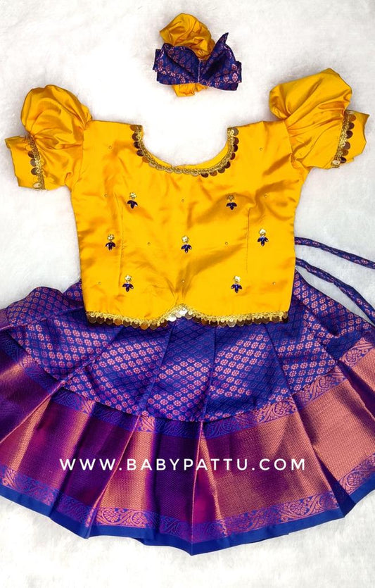 Yellow & Blue Pattu Pavada