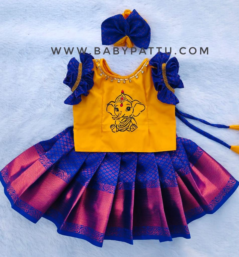 Yellow & Ink Blue Pattu Pavada