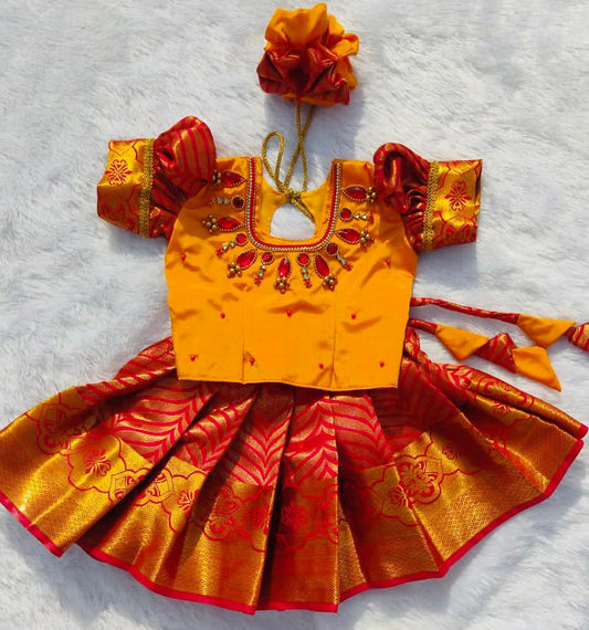 Yellow & Red Pattu Pavada