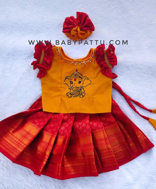 Yellow & Red pattu pavada